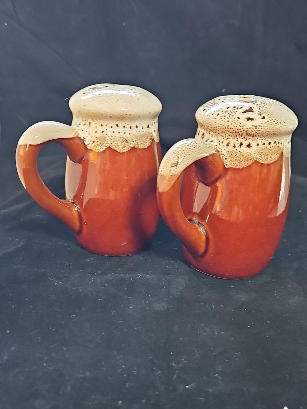 Vintage Brown And Cream Ceramic Salt / Pepper Shaker Mugs with Cream Drip Glaze